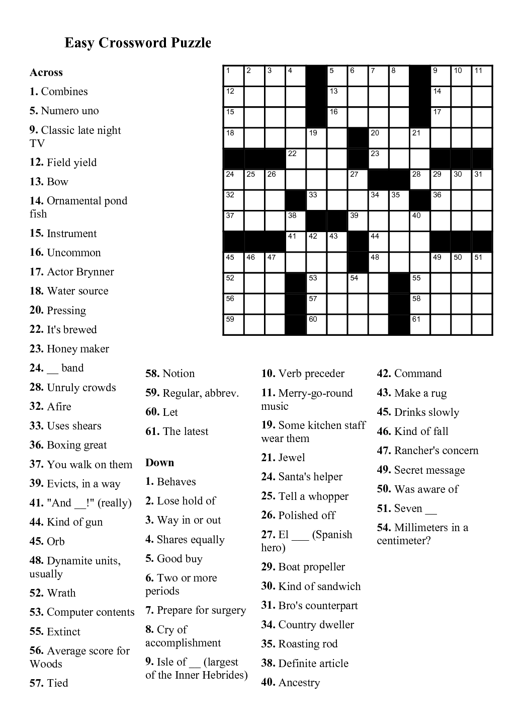 Very Easy Printable Crossword Puzzles Printable Printable Sudoku Puzzles Online