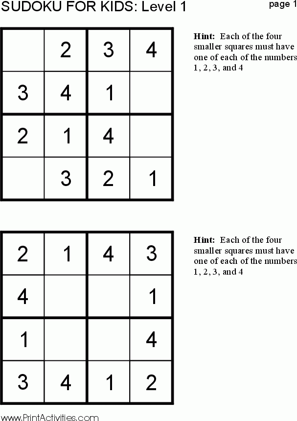 Free Kid Sudoku Puzzle Level 1 Page 1