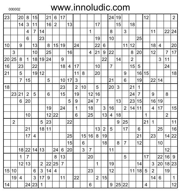 Sudoku 25×25 Printable Numbers