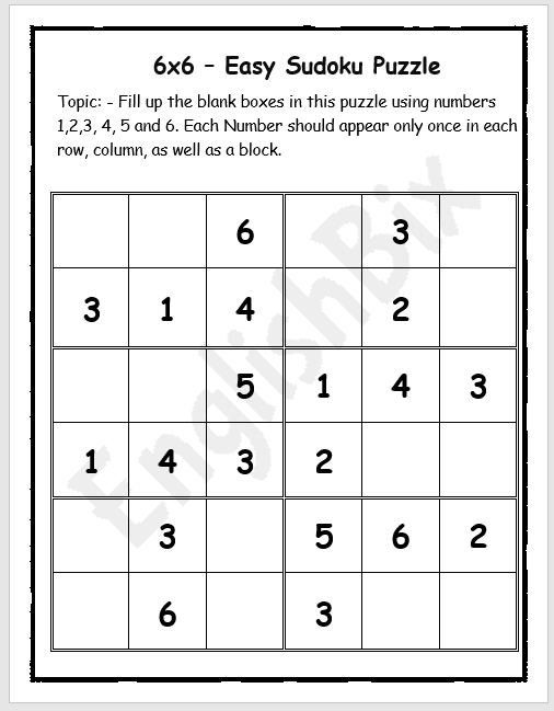 6x6 Blank Sudoku Printable Worksheets