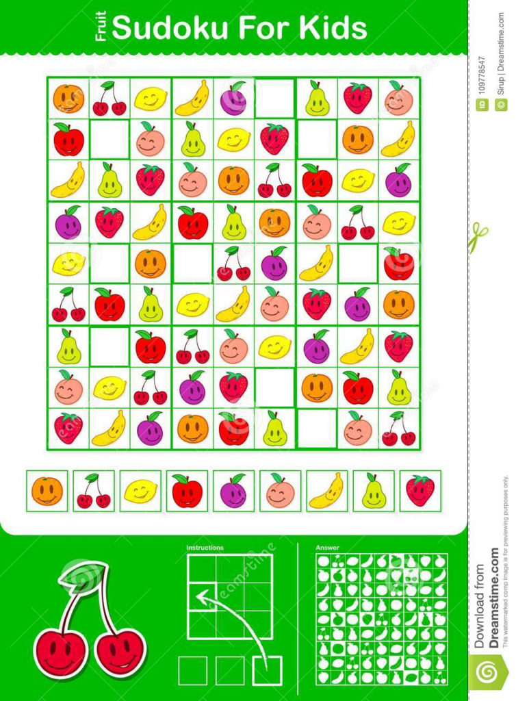 Colorful Kids Sudoku Puzzle Grid With Nine Fruit Stock