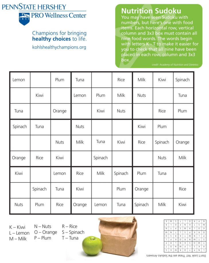 Printable Nutrition Sudoku