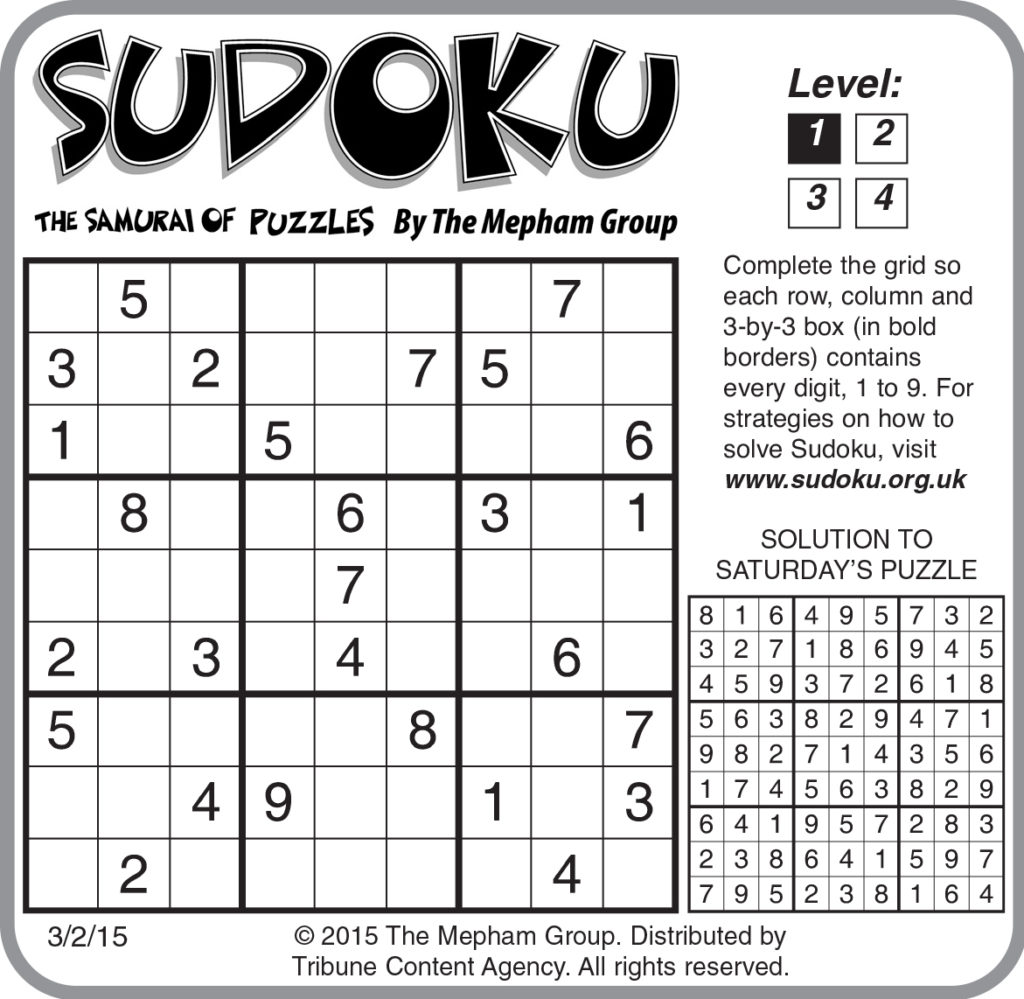 Sample Of Sudoku Daily Horizontal Tribune Content Agency