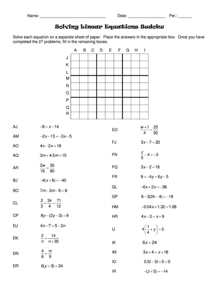 Printable Solving Equations Sudoku