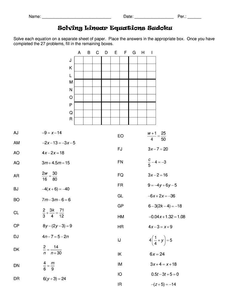 Solving Linear Equations Sudoku Fill Online Printable