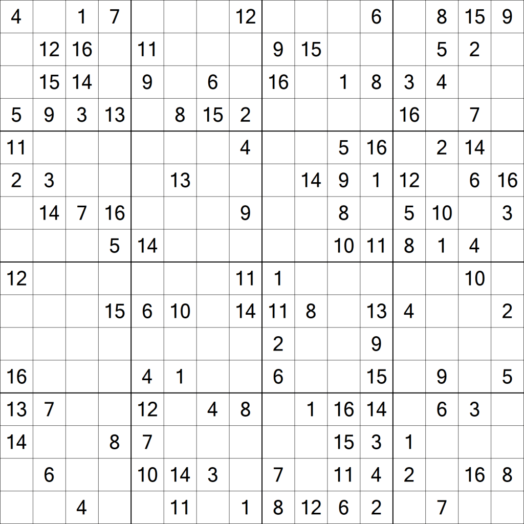 16 Square Printable Numbers Only Sudoku