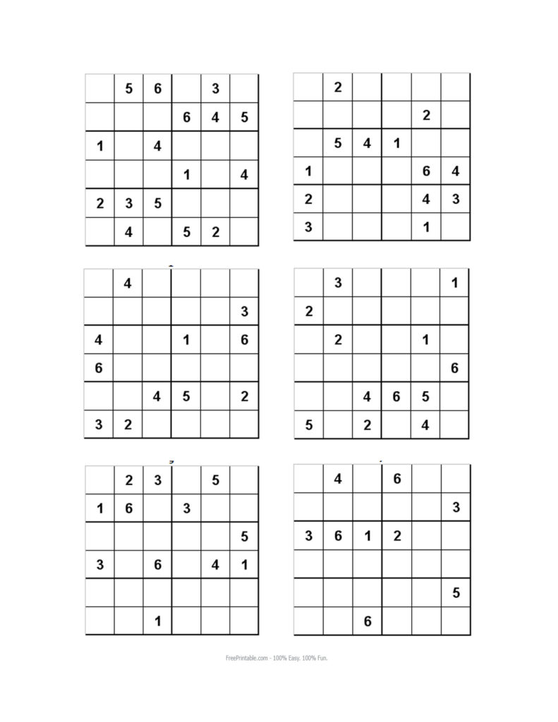 Sudoku Puzzles Printable 6X6 Printable Crossword Puzzles