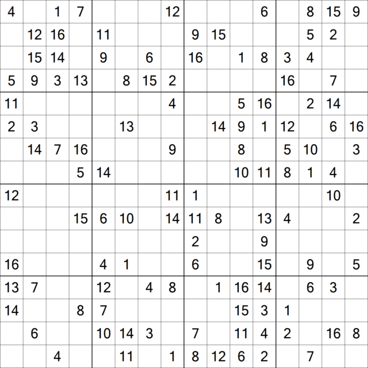 Printable 16 Number Sudoku