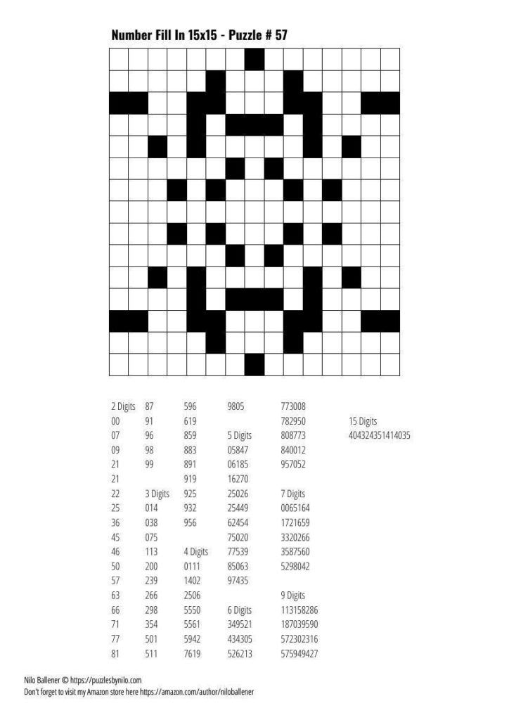 Free Downloadable Puzzle Number Fill In 15X15 57