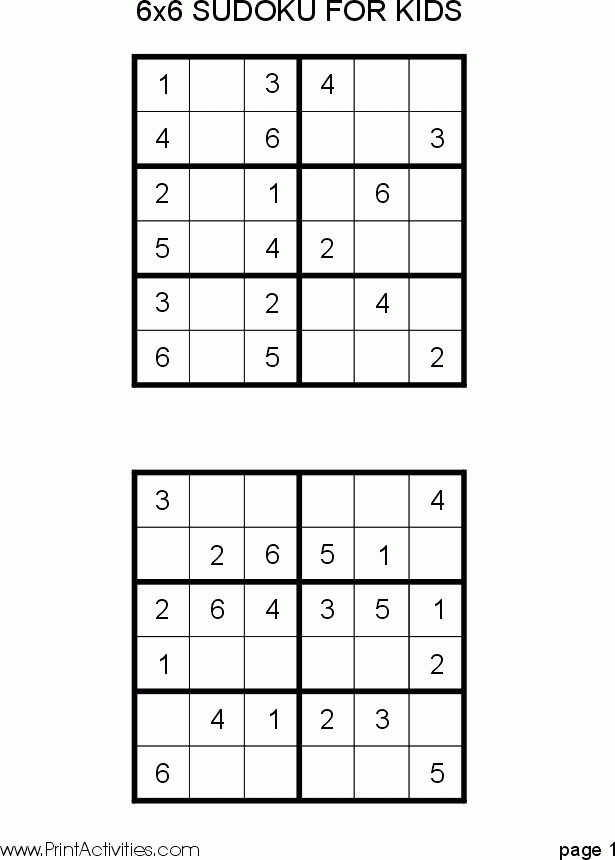 Free Kid Sudoku Puzzle 6x6 Page 1