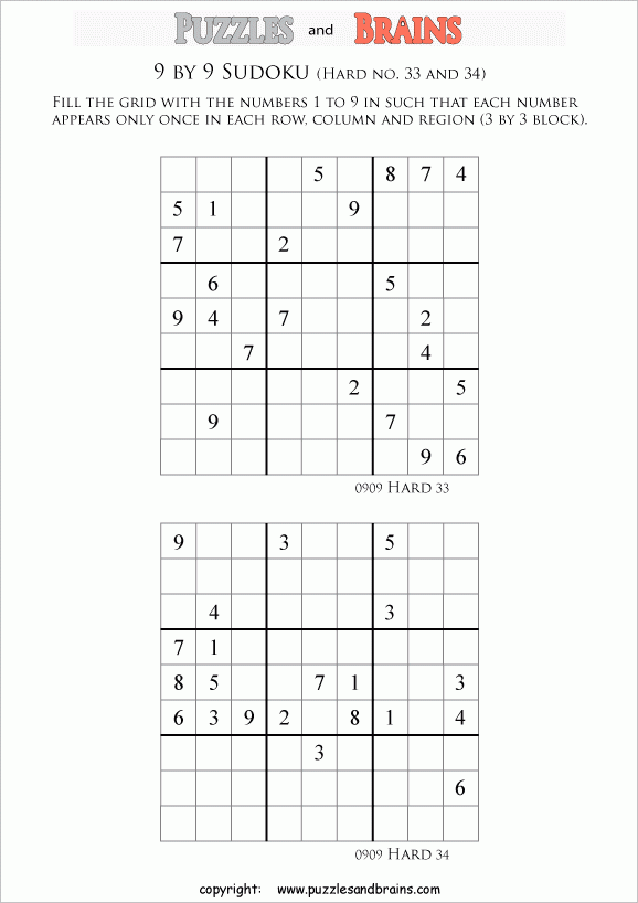 Printable Difficult Level 9 By 9 Sudoku Puzzles