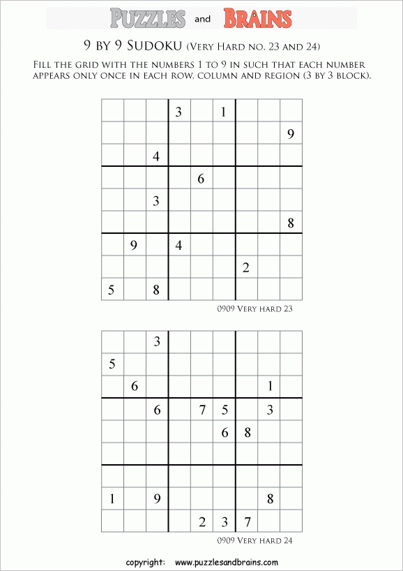 Printable Very Difficult Level 9 By 9 Sudoku Puzzles